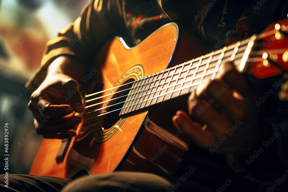 Poster close-up of a person playing an acoustic guitar, with abstract visual elements symbolizing the harmo