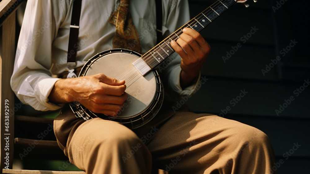 Poster abstract representation of a person playing the banjo in a bluegrass style, with lively visual eleme