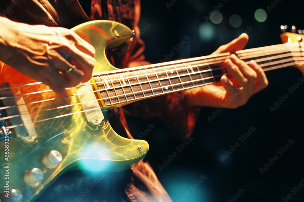 Poster Close-up of a bassist's fingers moving over the strings, with electrifying abstract patterns reflecting the rhythmic groove.
