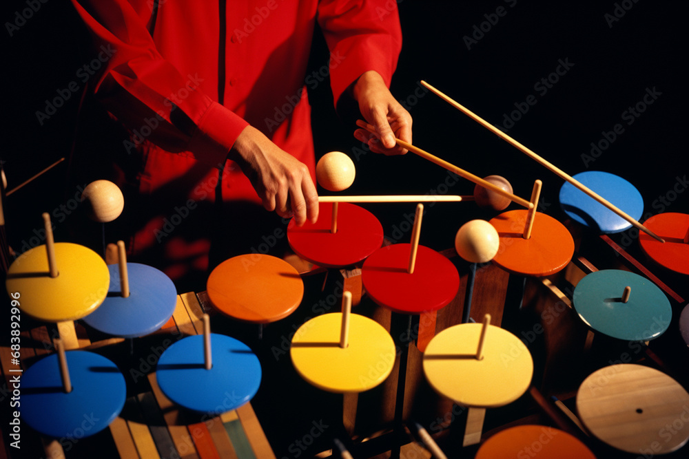 Poster A person playing mallet percussion instruments, creating an abstract representation of the vibrant and percussive nature of this ensemble.