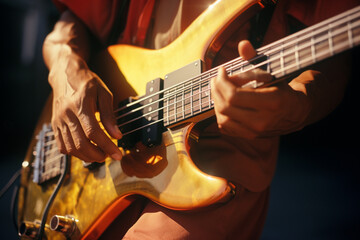 Obraz premium Abstract image featuring a person playing a fretless bass, highlighting the smooth and rhythmic grooves produced by this unique instrument.