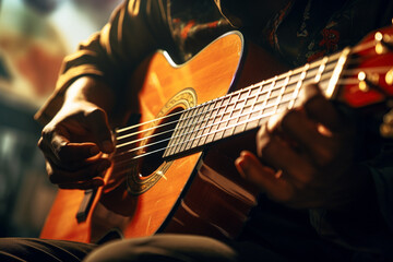 Obraz premium Close-up of a person playing an acoustic guitar, with abstract visual elements symbolizing the harmony and resonance of acoustic strings.