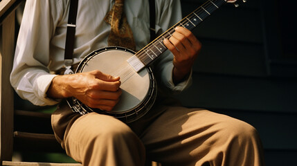 Abstract representation of a person playing the banjo in a bluegrass style, with lively visual elements reflecting the joyful and energetic nature of the music.