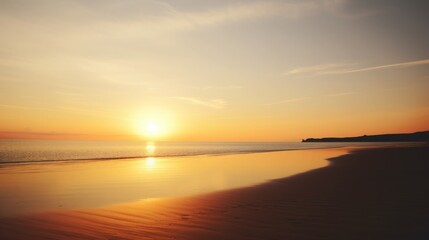 The vibrant Sun Orange hue of a beach at sunset, with the sun dipping below the horizon casting a luminous glow on the smooth, reflective sands