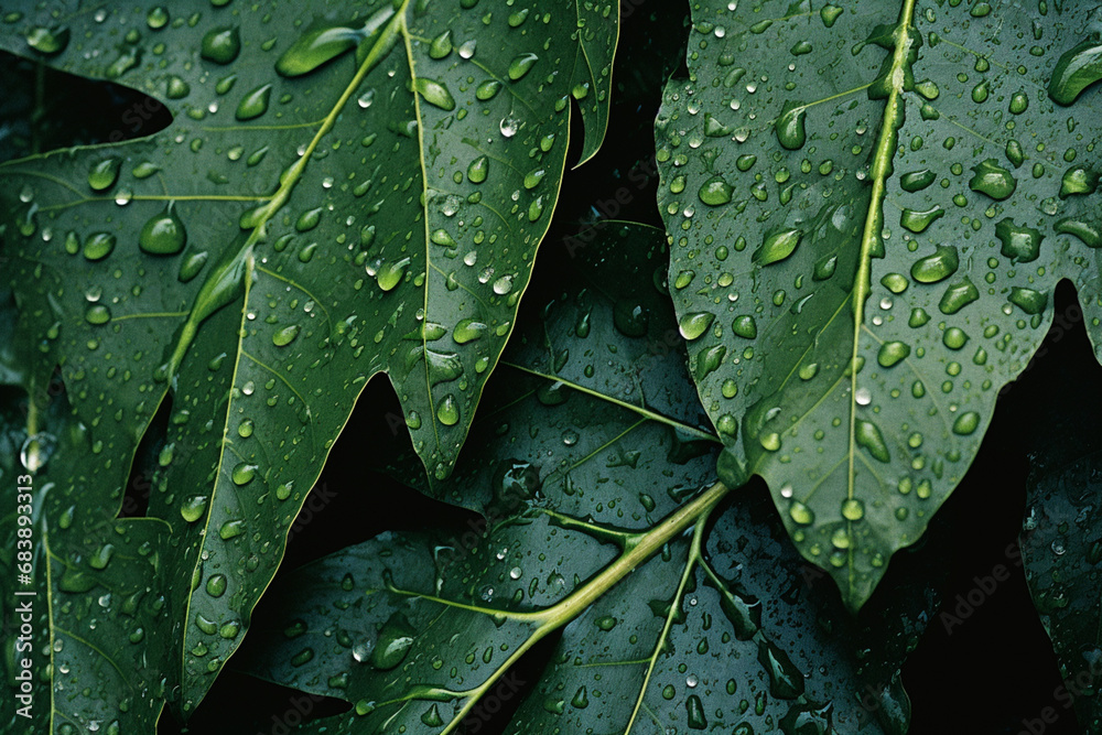Aufkleber Close-up of leaves adorned with raindrops, creating abstract patterns and enhancing the organic textures of nature.