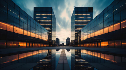 Modern Skyscrapers Reflecting Sunset in Business District - obrazy, fototapety, plakaty