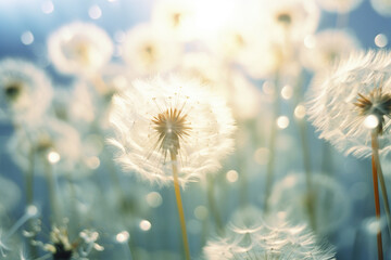 Macro image featuring abstract dandelion seeds in mid-air, creating a dreamlike and whimsical botanical landscape.