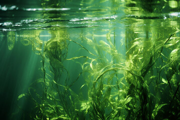 Fototapeta na wymiar Underwater capture of algae, forming abstract and intricate patterns beneath the surface of a pond or lake.