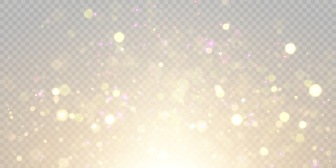 Obraz na płótnie Canvas Gold dust light bokeh. Christmas glowing bokeh and glitter overlay texture for your design on a transparent background. Golden particles abstract vector background. 