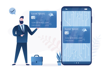 User or banker holds plastic  card. Contactless payment concept. virtual banking card in app of smartphone. Payments from mobile phone for services.