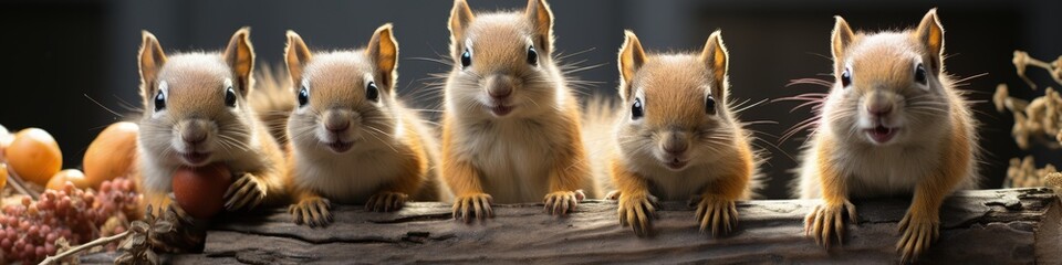 Obraz premium Five Friendly Red Squirrels Posing on a Log