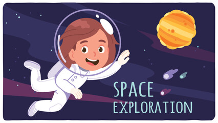 Astronaut girl kid in suit floating in outer space. Space exploration text, happy spacewoman cosmonaut child person with planet. Universe, galaxy, astronomy concept poster flat vector illustration  © iconicbestiary