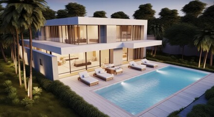 Big contemporary villa with pool and garden, Generative AI