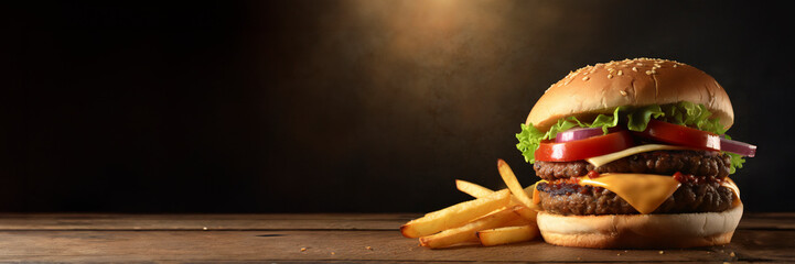 Cheeseburger with fries on a wooden table with light on dark background and copy space