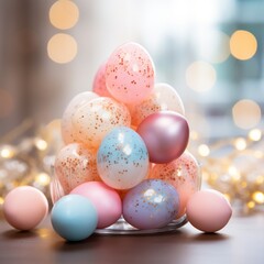 Fototapeta na wymiar Soft pastel colors in blurred Easter eggs