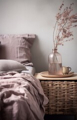 Fototapeta na wymiar the bed is in soft tones with small baskets,