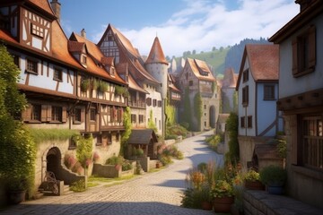Picturesque quaint European town with charming medieval houses, Generative AI