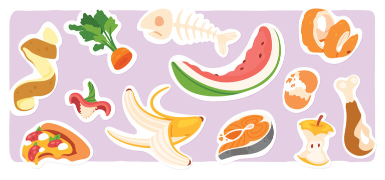 Organic food remains waste garbage set. Orange, banana fruit skin, potato vegetable peel, fish bone scraps leftovers trash collection. Rubbish recycle, disposal, ecology flat vector illustration