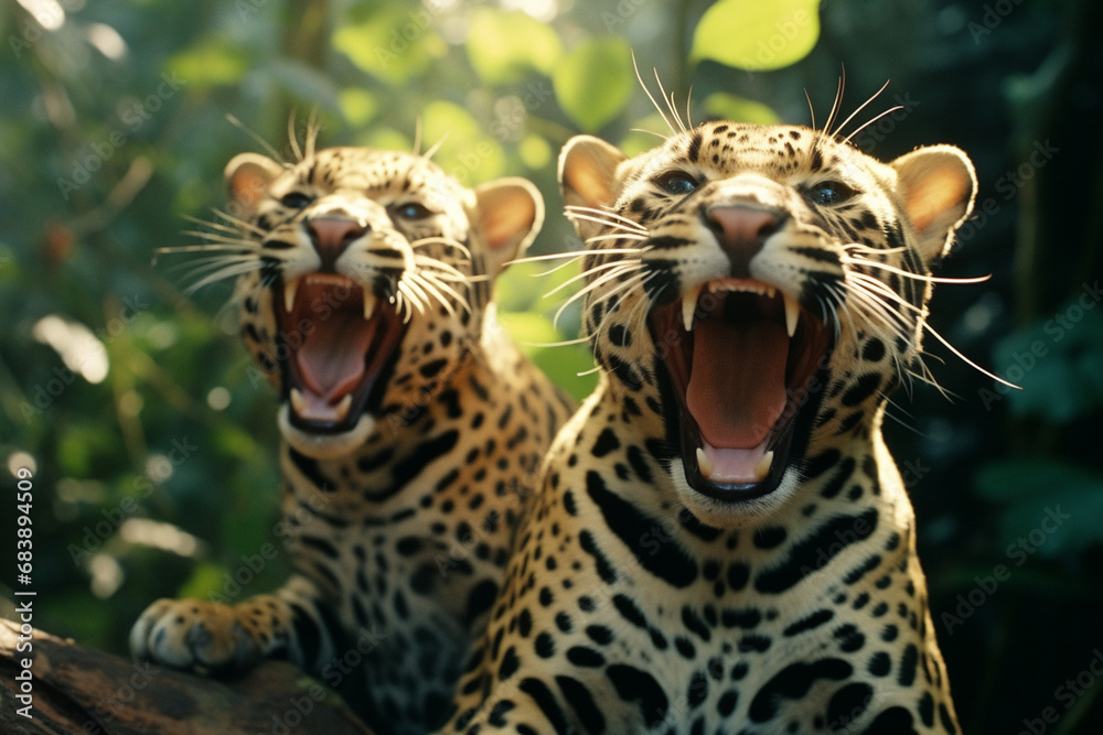 Poster a comical depiction of jaguars engaged in a joyful jig, ready to bring an energetic and amusing vibe