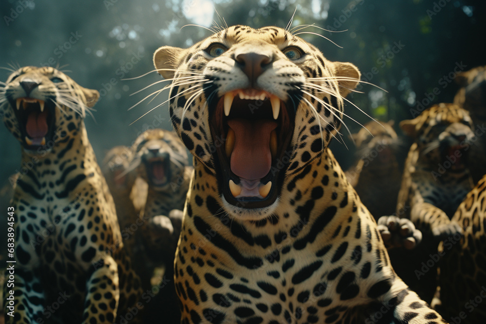Poster A comical depiction of jaguars engaged in a joyful jig, ready to bring an energetic and amusing vibe to various design concepts.