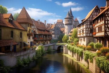 Fototapeta na wymiar Picturesque quaint European town with charming medieval houses, Generative AI