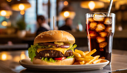 Cheeseburger with fries on plate and cola. Restaurant table