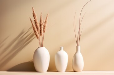 Naklejka premium three tall white vases side by side with tufts of grass