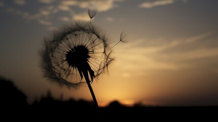 The silhouette of a dandelion puff against the setting sun, seeds poised for flight in the gentle breeze