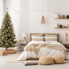 christmas tree around the bed with a white bed