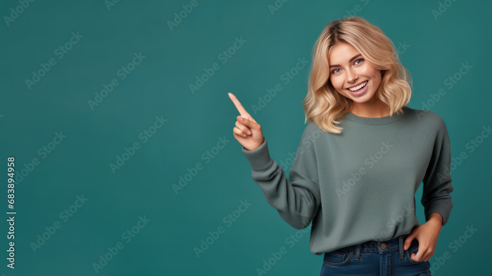 Wall mural Happy blonde woman pointing her finger at copy space for promotion