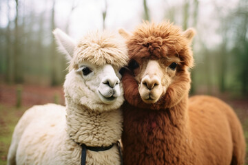 An adorable scene of alpacas displaying affection, conveying a sense of warmth and camaraderie for heartwarming visuals.