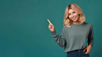Happy blonde woman pointing her finger at copy space for promotion