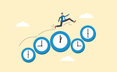 time management techniques. Manage time for rush. businessman running on group of time clocks.