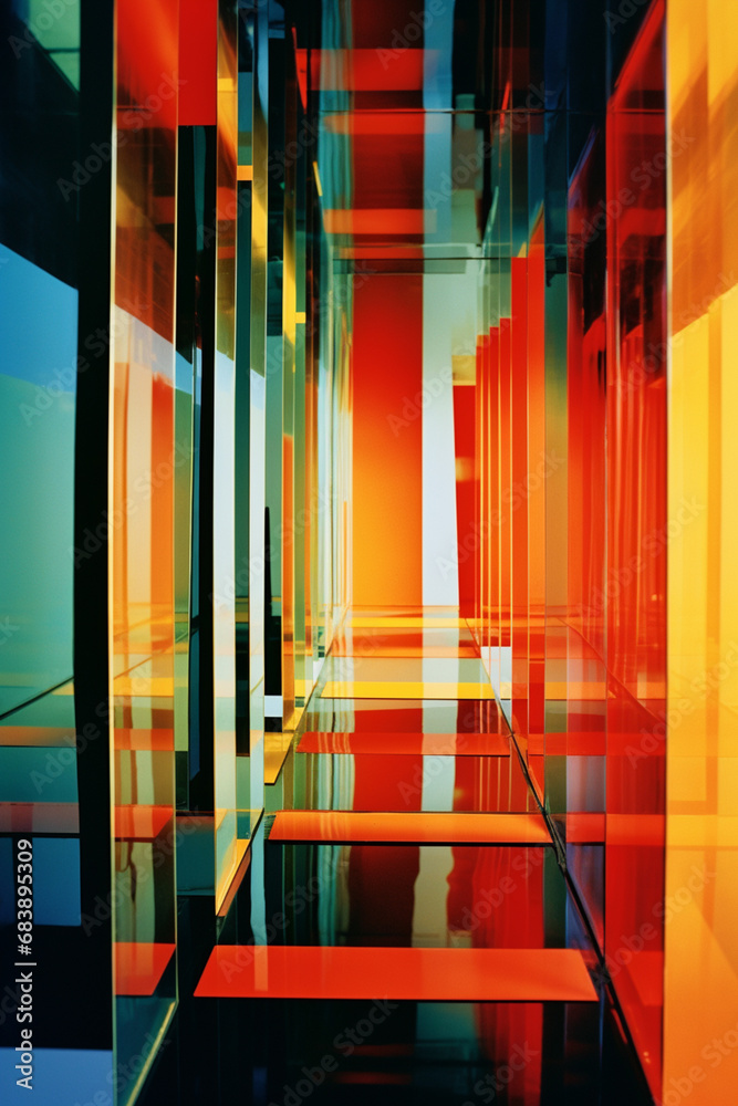 Aufkleber An abstract panorama suggesting a glimpse into a parallel dimension, using bold colors and geometric forms to create a visually captivating scene.