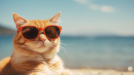 Portrait of a funny red cat in sunglasses on the beach