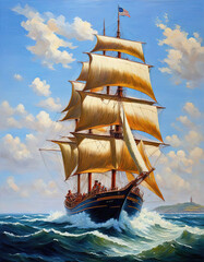 Sailing ship under full sail nautical oil painting on canvas, style of masters of marine painting. - obrazy, fototapety, plakaty