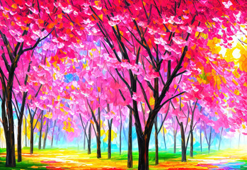Oil painting landscape art with multicolored forest, surreal sakura trees with colorful leaves, artistic vision of spring