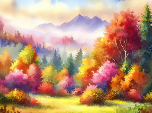 Watercolor landscape art with multicolored forest, autumn trees with colorful leaves, artistic vision of autumn