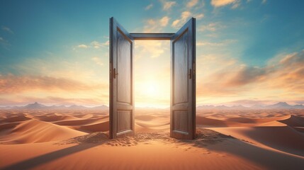 Opened door on desert. Unknown and start up concept. create using a generative ai tool 