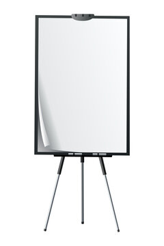Flipchart mockup. Presentation and seminar whiteboard with blank paper sheets. Flip chart on tripod with space for text, illustration isolated on white background