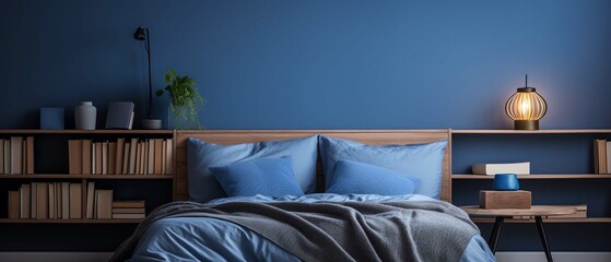 Real photo of a bed with blue bedding and cushions standing next to white tables with books, lamp and plant in bedroom. create using a generative ai tool 