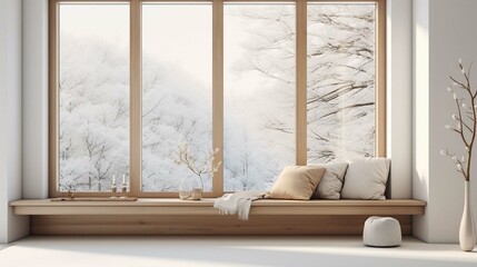 White empty room with winterlandscape in the window. Scandinavian interior design. create using a generative ai tool 