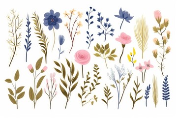 Set of floral design isolated elements. Leaves, flowers, grass, branches , Generative AI