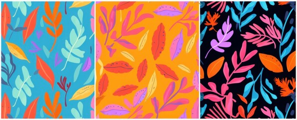 Set of bright funny seamless patterns with abstract leaves.  design, Generative AI - obrazy, fototapety, plakaty