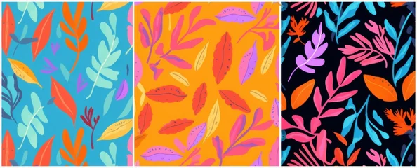 Poster Set of bright funny seamless patterns with abstract leaves.  design, Generative AI © Lens Legends