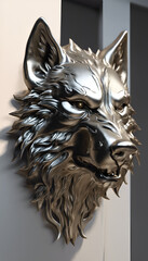 Majestic Metallic Wolf Statue: Artistic Wildlife Emblem for Logos, Fantasy, and More