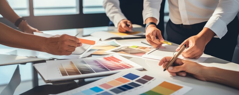 Group of professional interior designer and architect working together, planning and choosing color samples in office for house design or renovation, Generative AI
