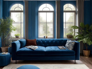 A living room with a blue couch and a large window
