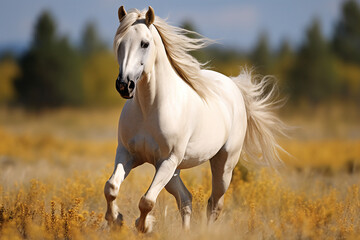Obraz na płótnie Canvas white horse running in the field