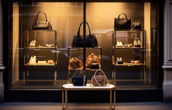Luxury Parisian shopfront with fashion accessories in boutique window display, luxury, fashion, overprized, expensive, design, designer, handbag, store, shoes, dress, clothe, vintage, Generative AI